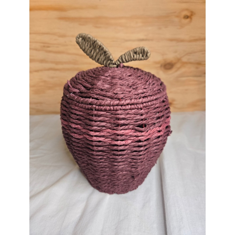 Woven Apple Shape Storage Basket with Lid Maroon Wicker Decorative Jar 8.5"